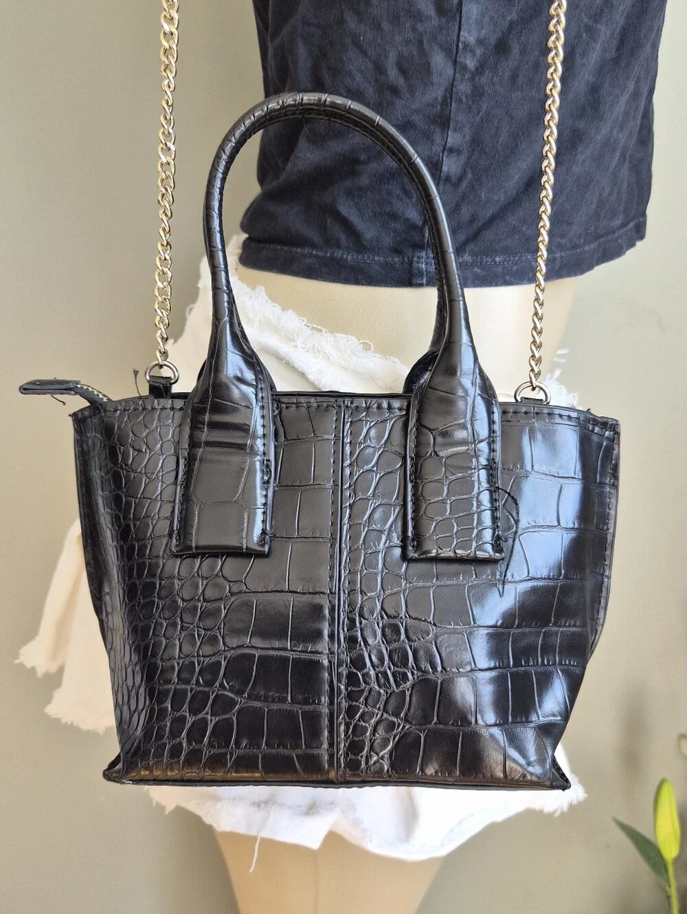 ZARA Black Croc-Embossed Mini Bag with Chain Strap